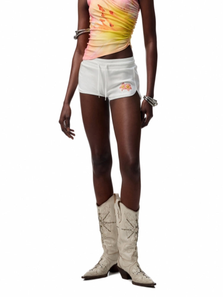 Flower Embroidered Rhinestone Sports Shorts - CHINASQUAD