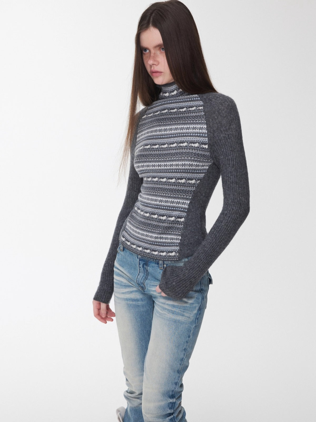 Fair Isle Raglan Knit Turtleneck Sweater