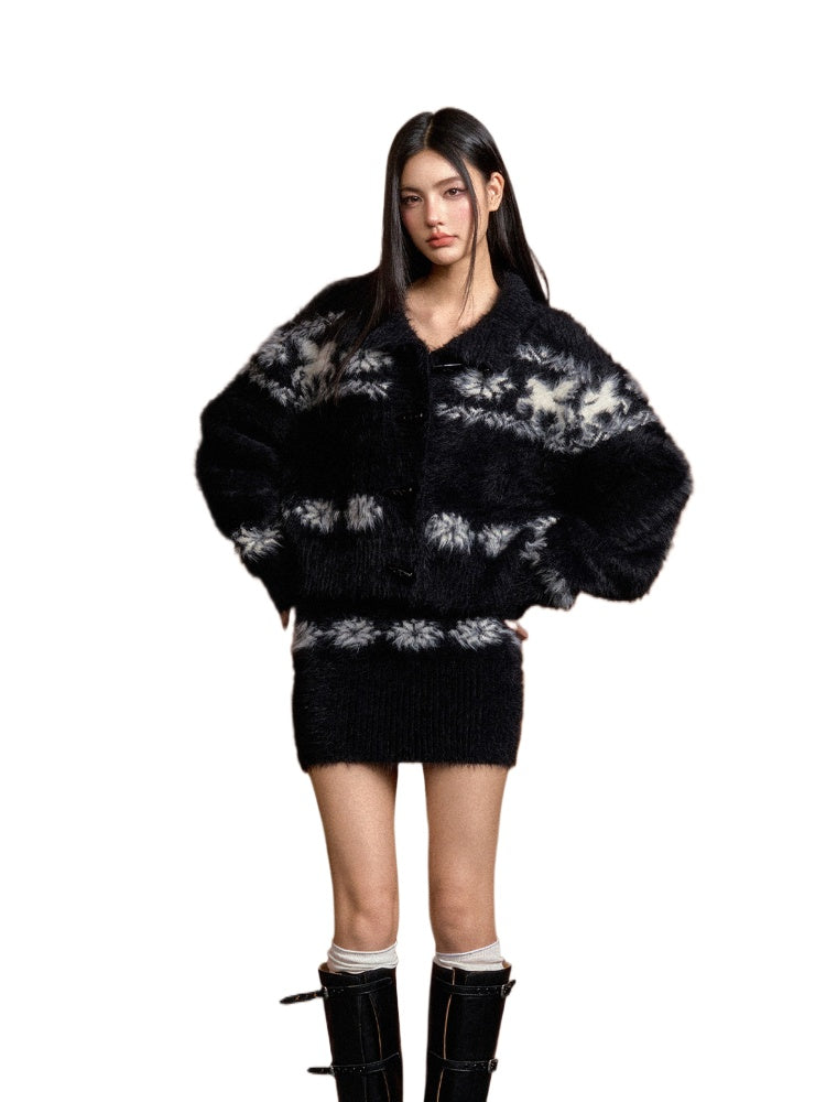 Fair Isle Faux Collar Knitted Cardigan & Dress Set - CHINASQUAD