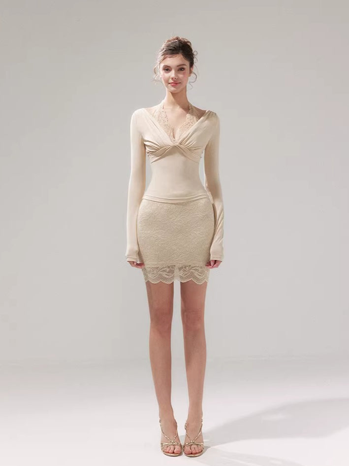 Lace Layered Knit Top & Bodycon Mini Skirt Set