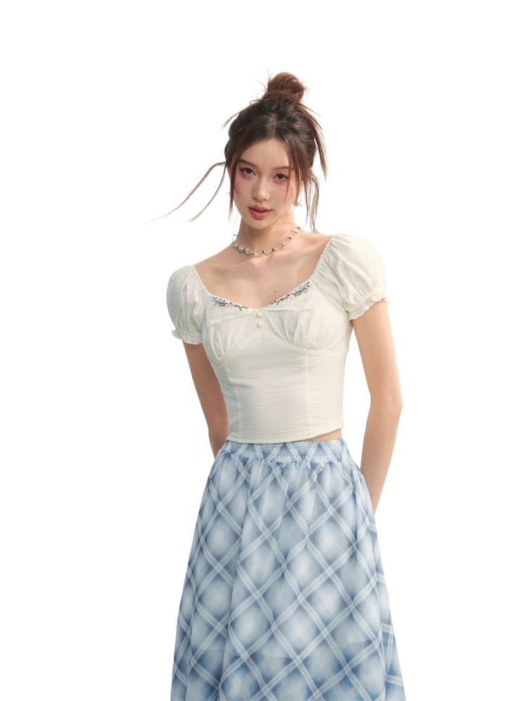 White Square Neck Embroidered Puff Sleeve Shirt - CHINASQUAD