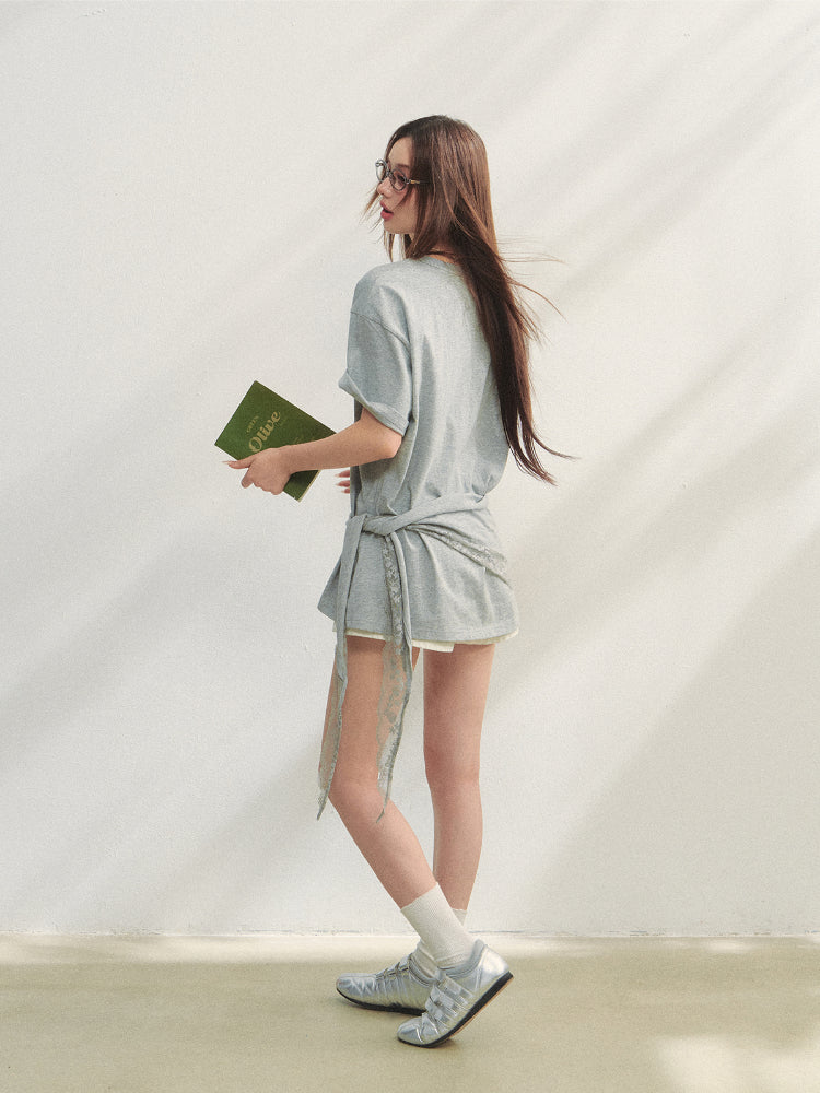 Fruit Print Lace-Trimmed Tie-Up T-shirt - CHINASQUAD