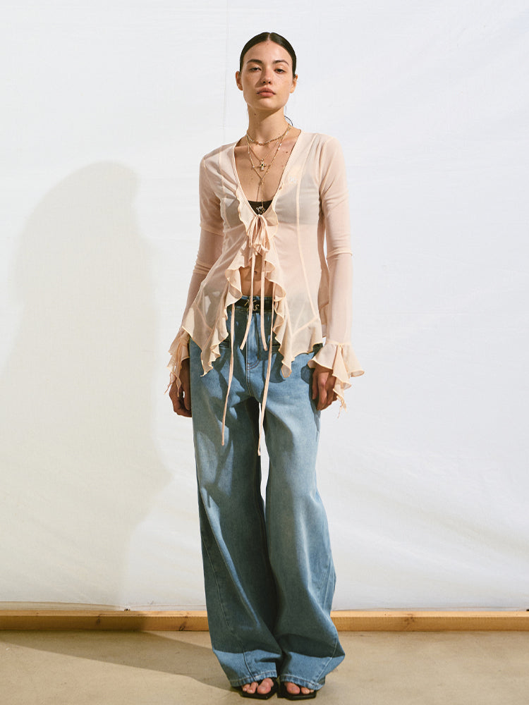 V-Neck Ruffle Mesh Overlay Top - CHINASQUAD