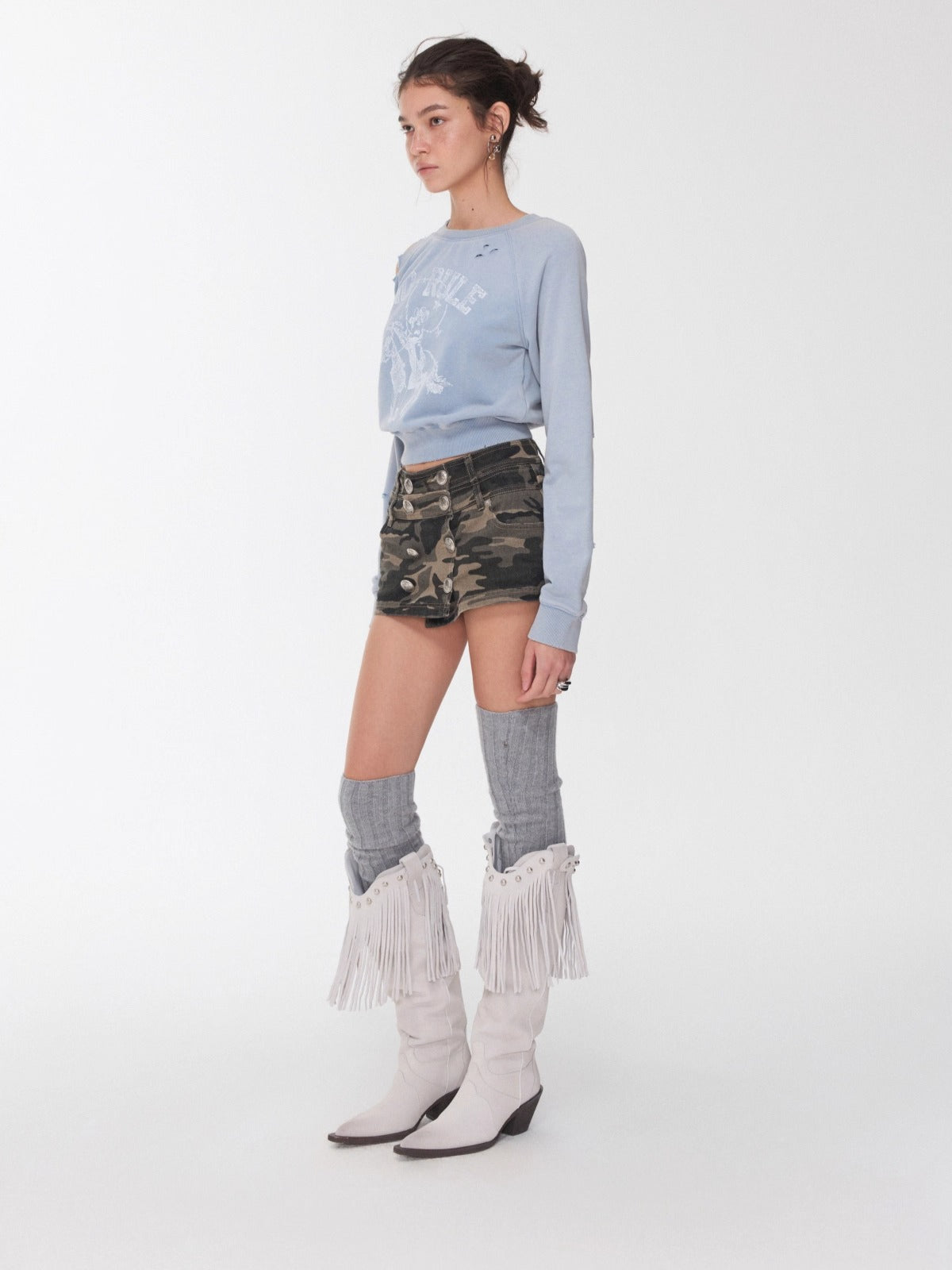 Knight Cat Print Distressed Washed Sweatshirt - CHINASQUAD