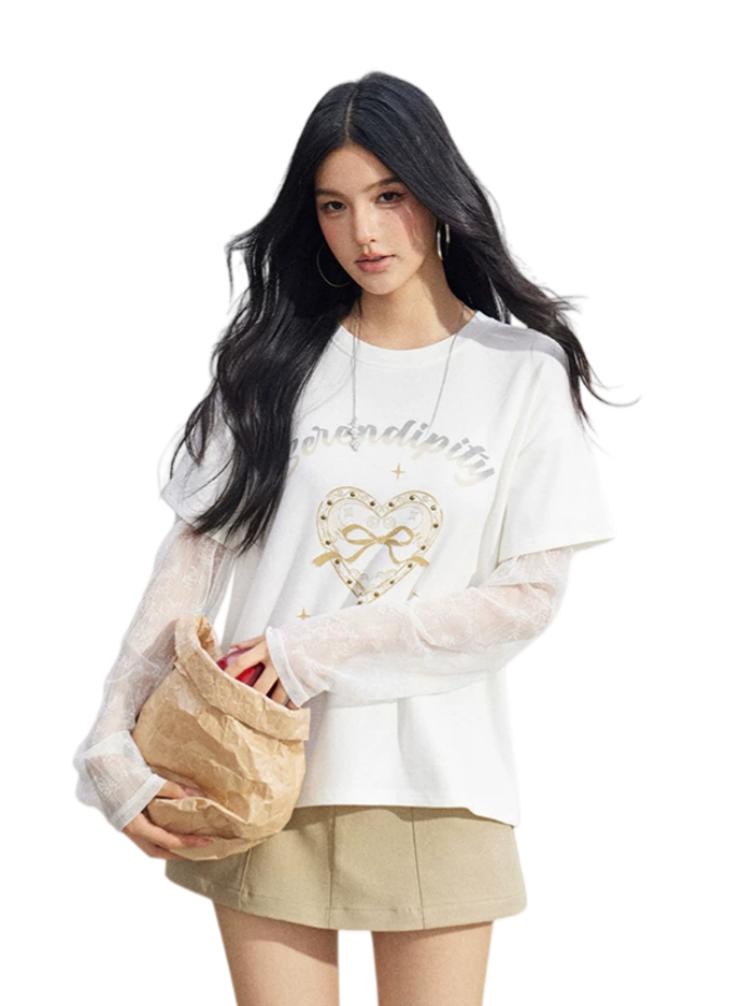 Lace Panel Sun Protection Graphic T-Shirt