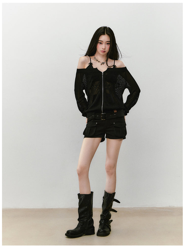 Knitted Floral Convertible Hollow-out Coat - CHINASQUAD