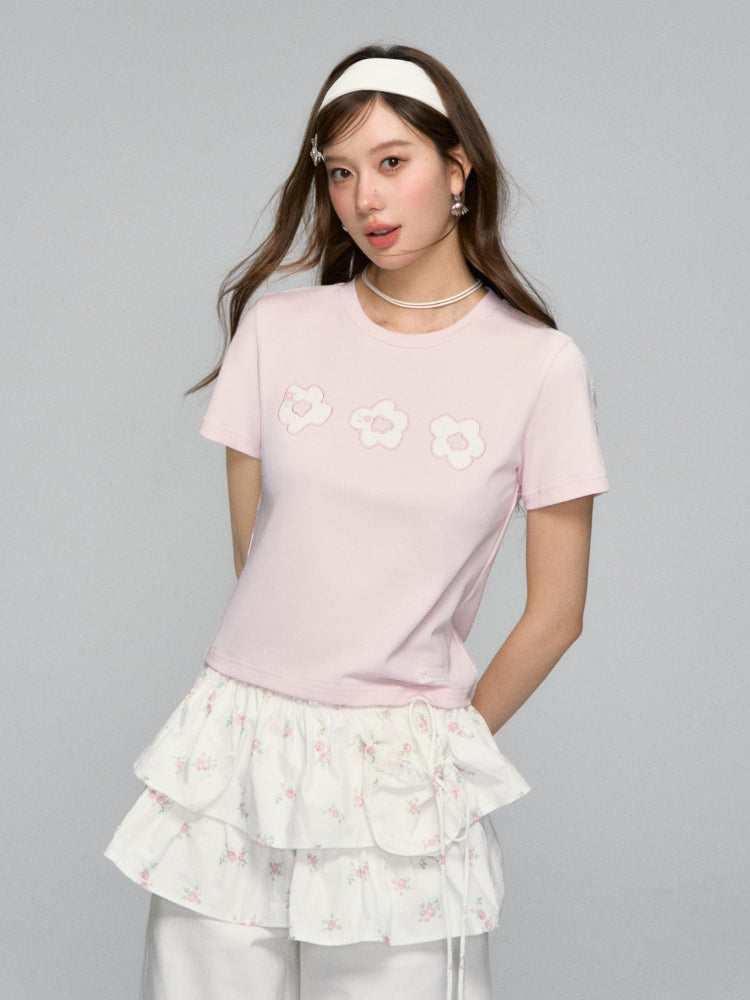Flower Applique Round Neck T-shirt - CHINASQUAD