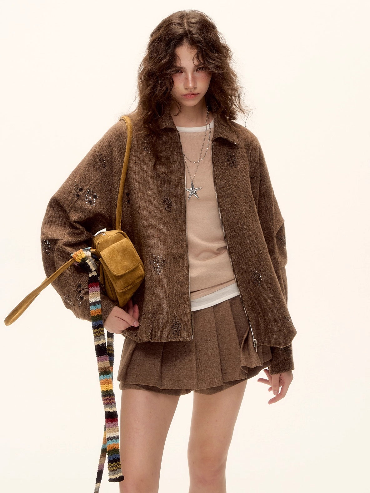 Sequin Embroidered Plaid Wool Blouson Jacket