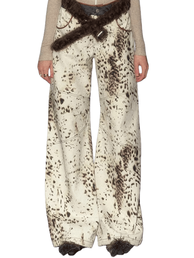 American Leopard Print Wide-Leg Denim Pants