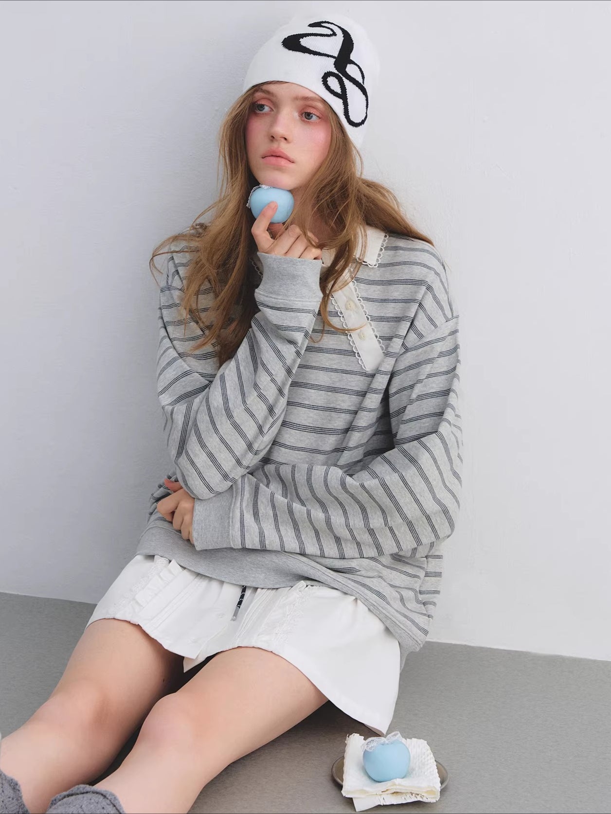 Placket Ruffle Collar Striped Sweatshirt