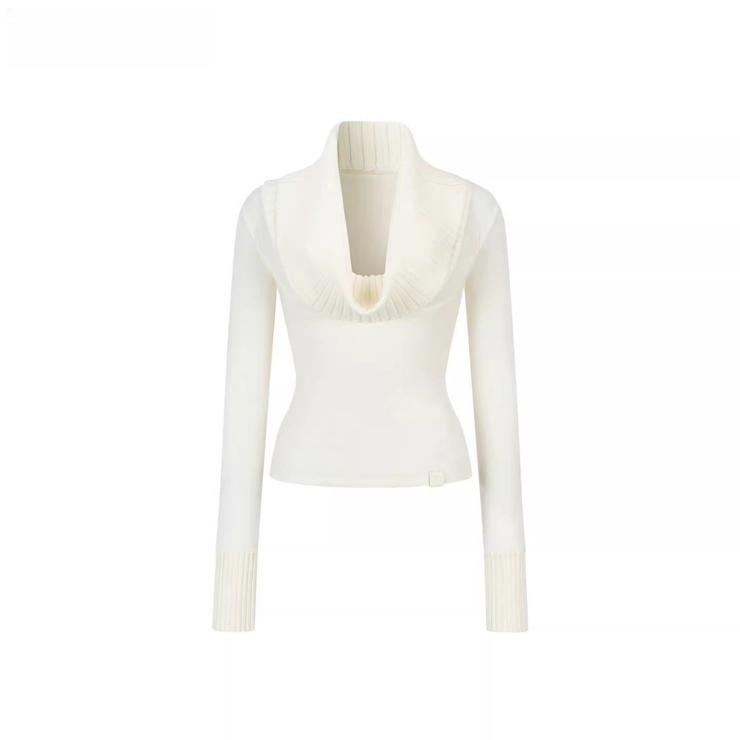 Draped Cowl-Neck Patchwork Knit Sweater