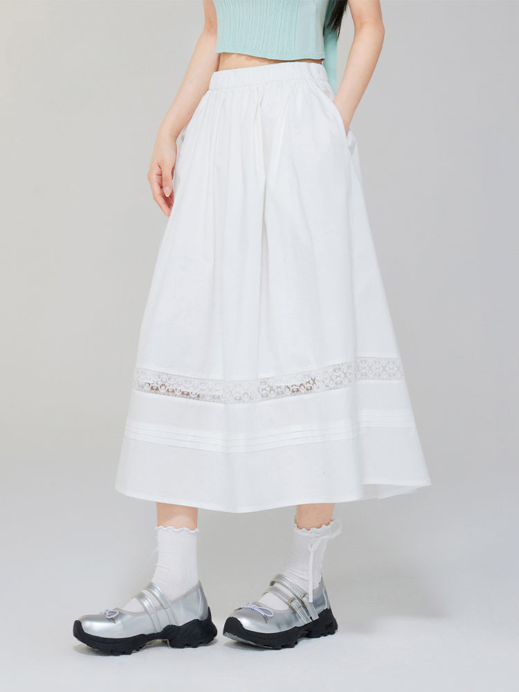 White Lace Splicing A-Line Skirt - CHINASQUAD
