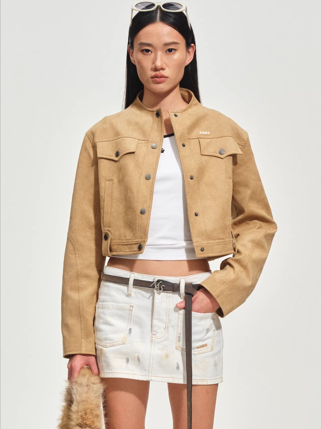 Soft Faux Suede Stand-Collar Cropped Jacket