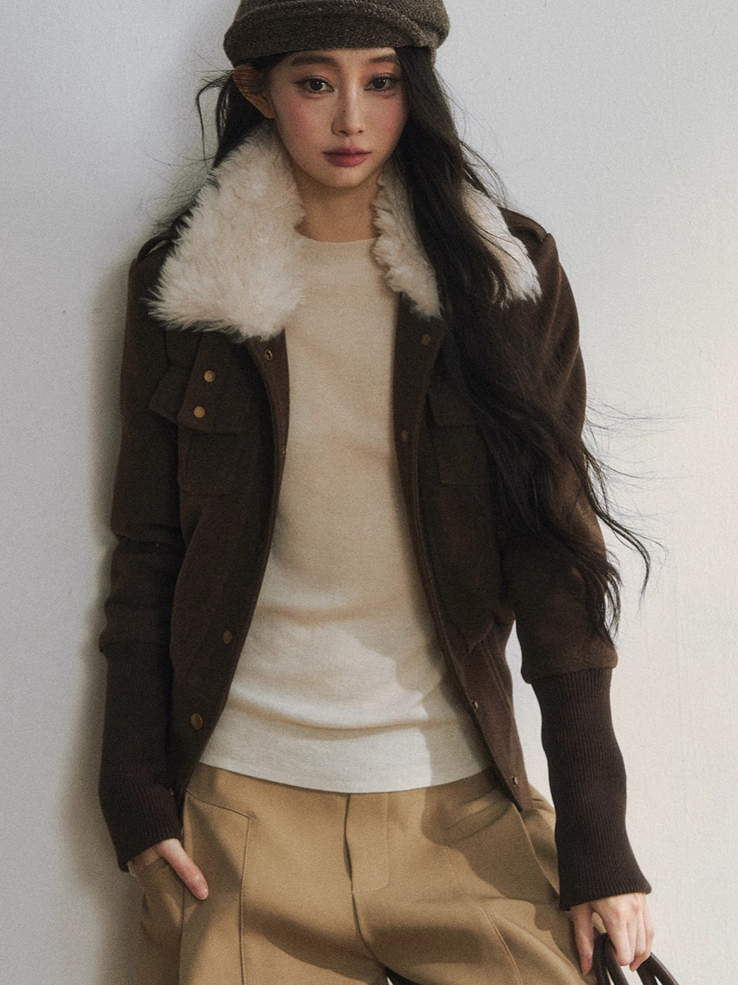 Vintage-Inspired Brown Fleece Lining Wool-Blend Jacket