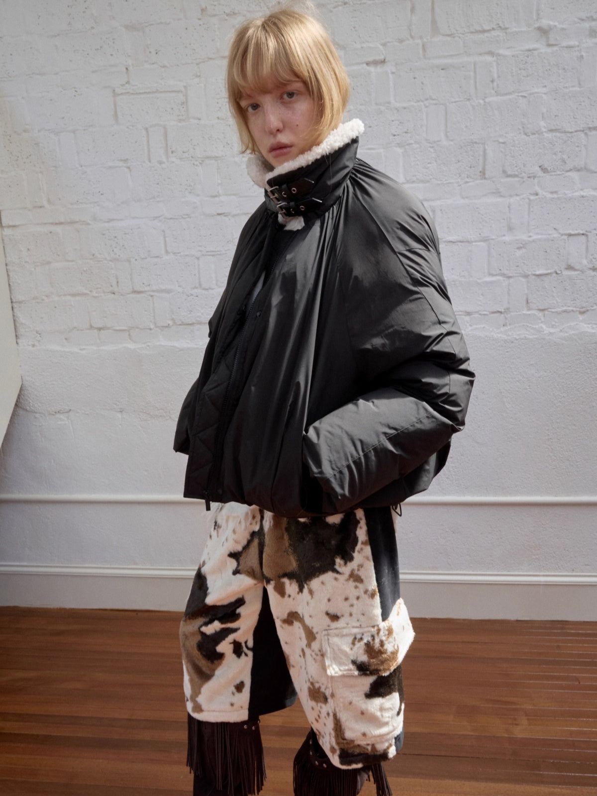 Belted Pleated Cocoon Down Jacket