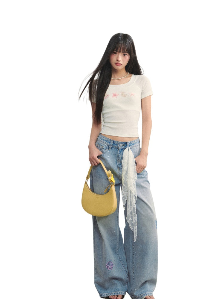 Embroidered Denim Wide-Leg Pants - CHINASQUAD