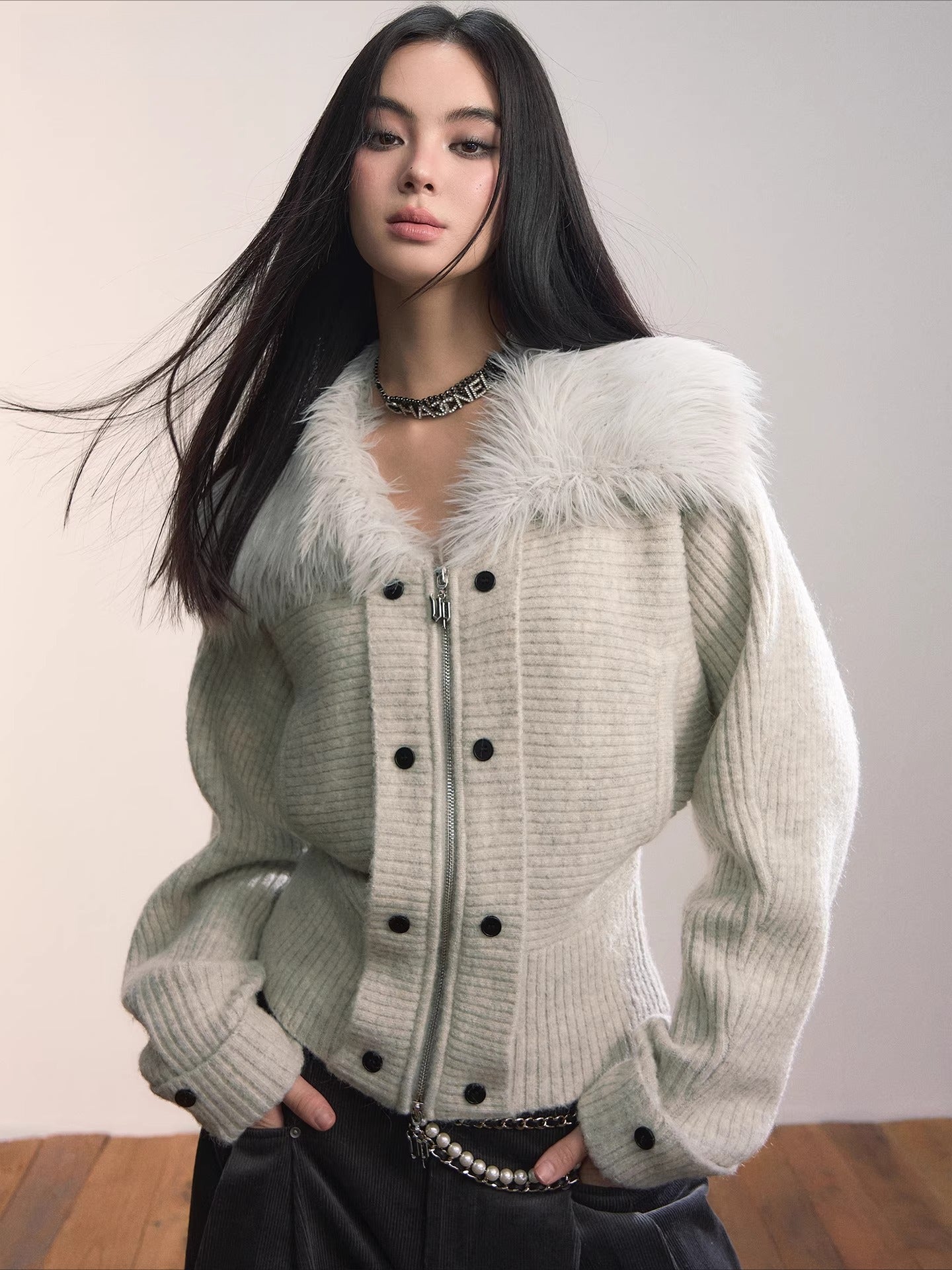 Faux Fur Collar Knit Jacket