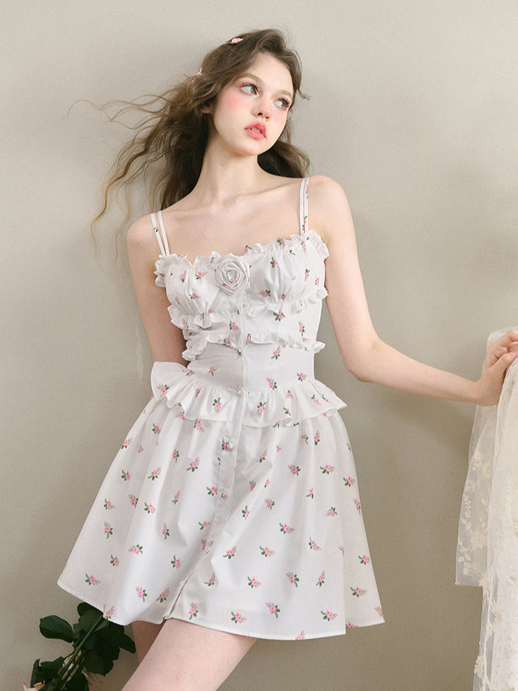 White Floral Ruffled Edge Dress - CHINASQUAD