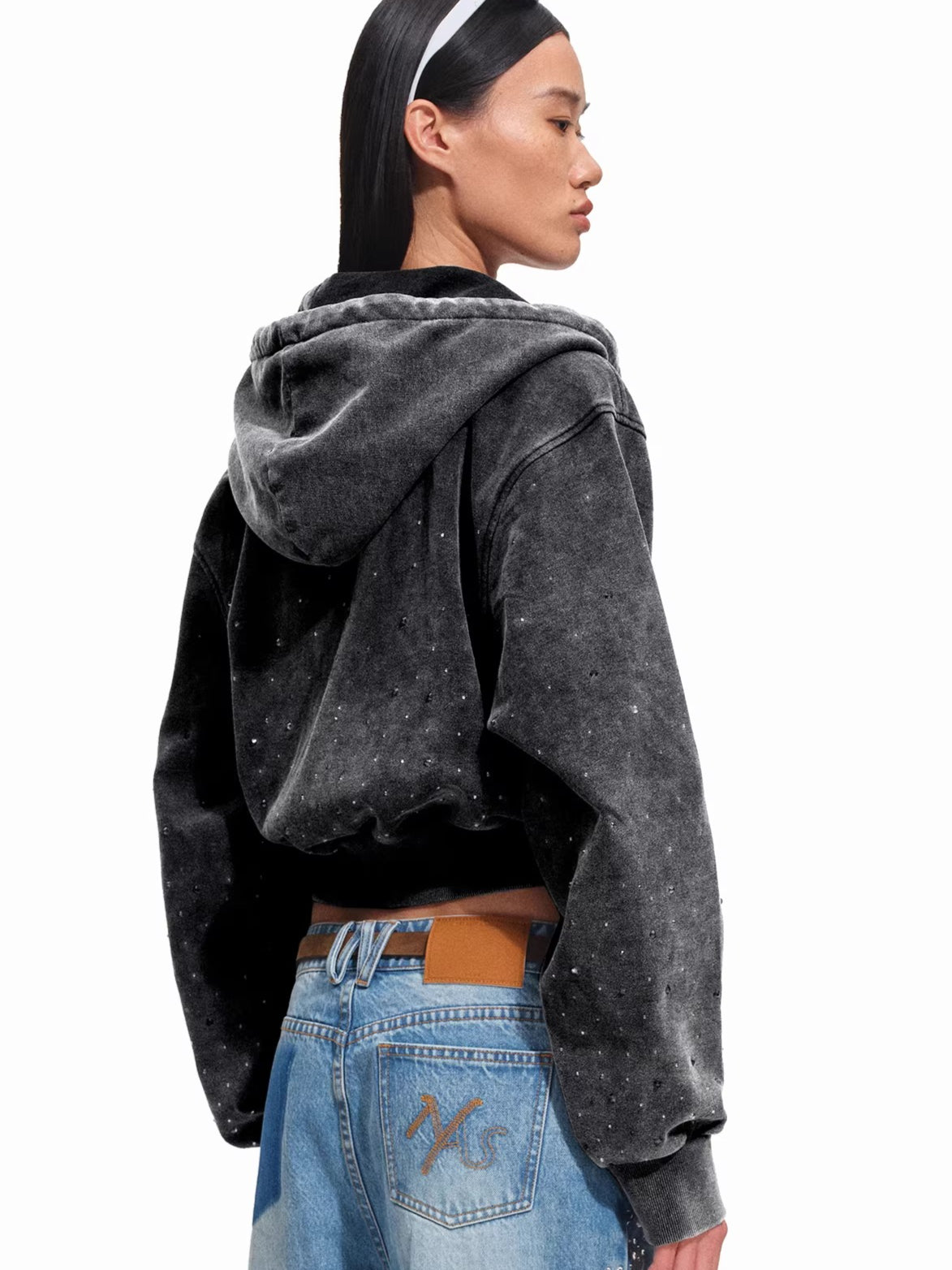 Embellished Washed Cotton Cropped Hoodie
