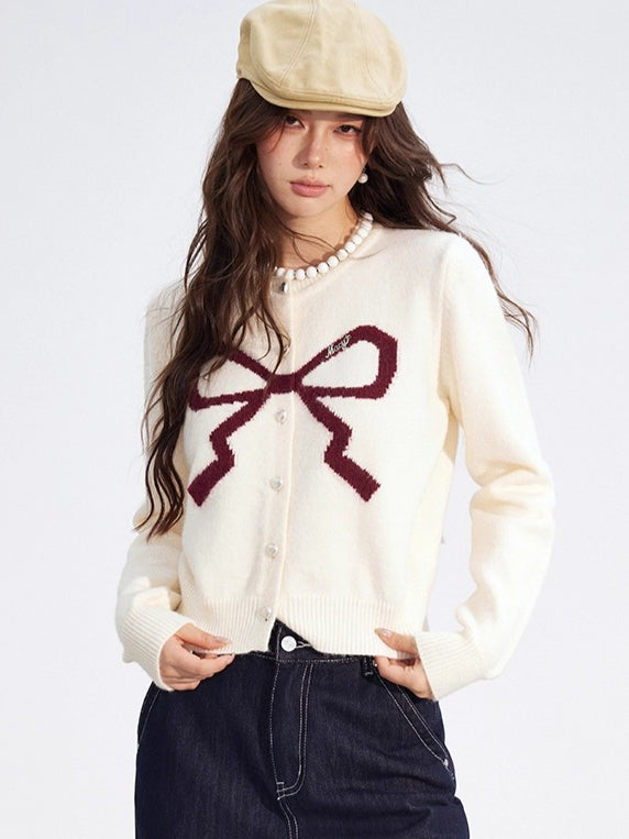 Bow Detail Cropped Knit Cardigan