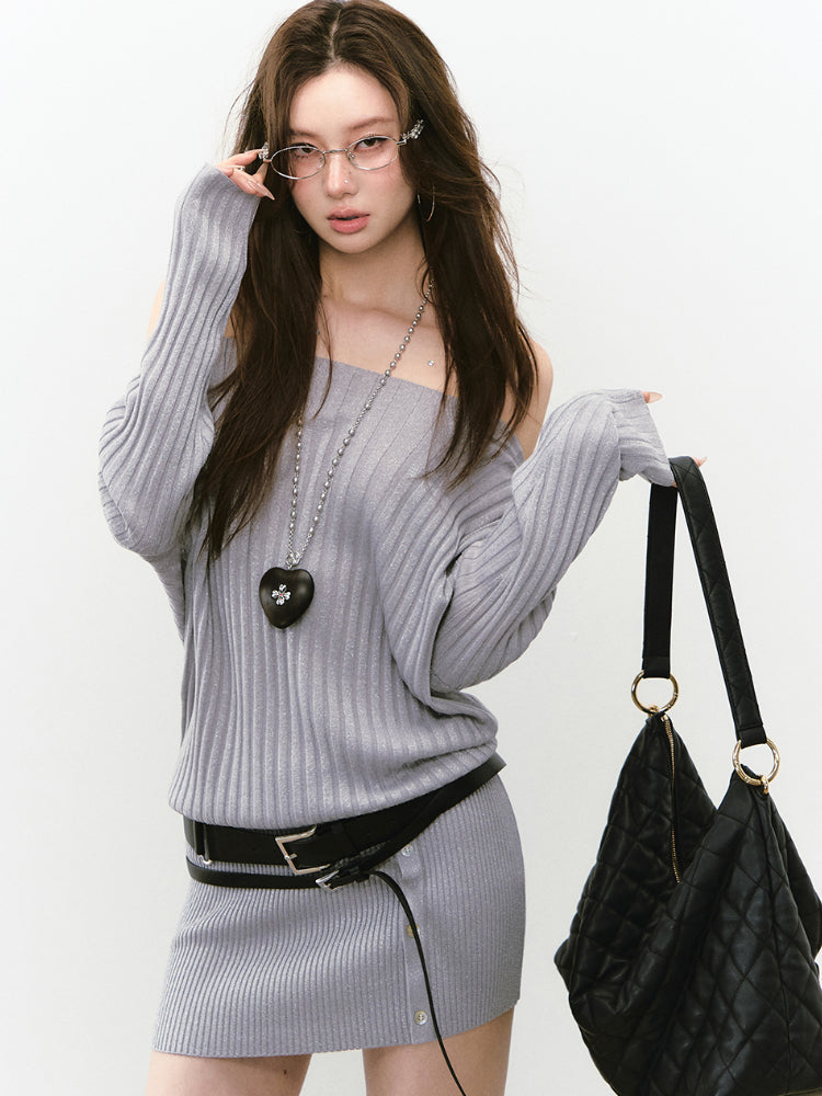 Off-Shoulder Slant Shoulder Button Dress - CHINASQUAD