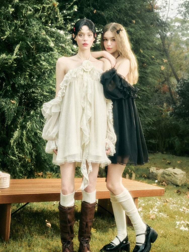 Halter Neck Off-Shoulder Ribbon Dress - CHINASQUAD