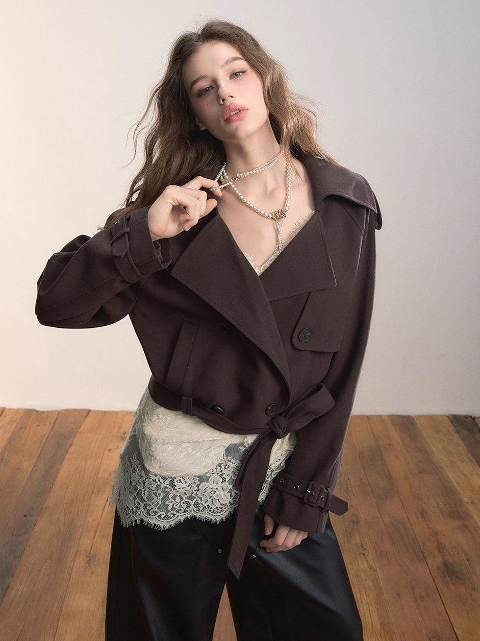 Lapel Collar Belted Cropped Trench Jacket - CHINASQUAD