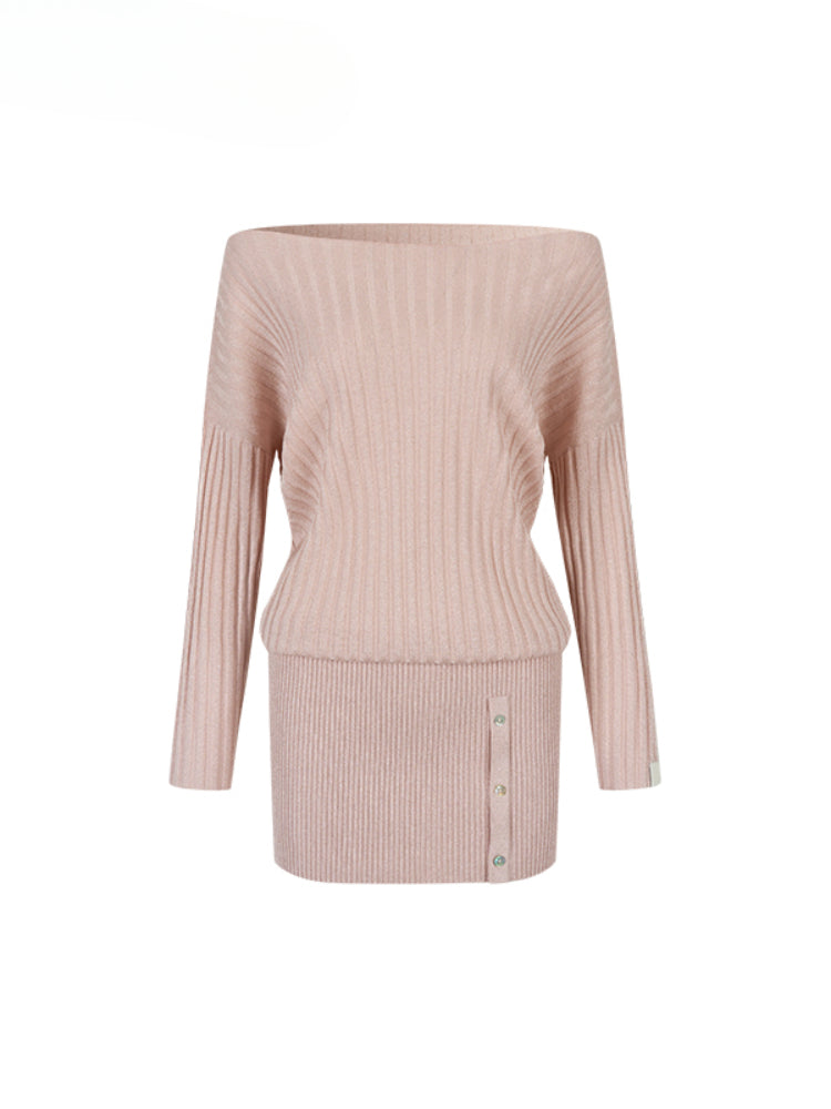 Off-Shoulder Slant Shoulder Button Dress - CHINASQUAD