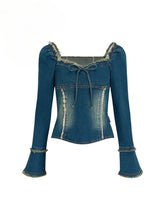 Waist Cinch Frayed Two-Way Soft Denim Top - CHINASQUAD