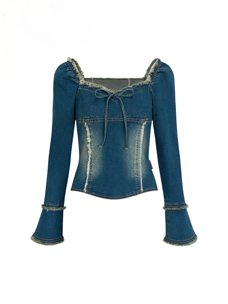 Waist Cinch Frayed Two-Way Soft Denim Top - CHINASQUAD