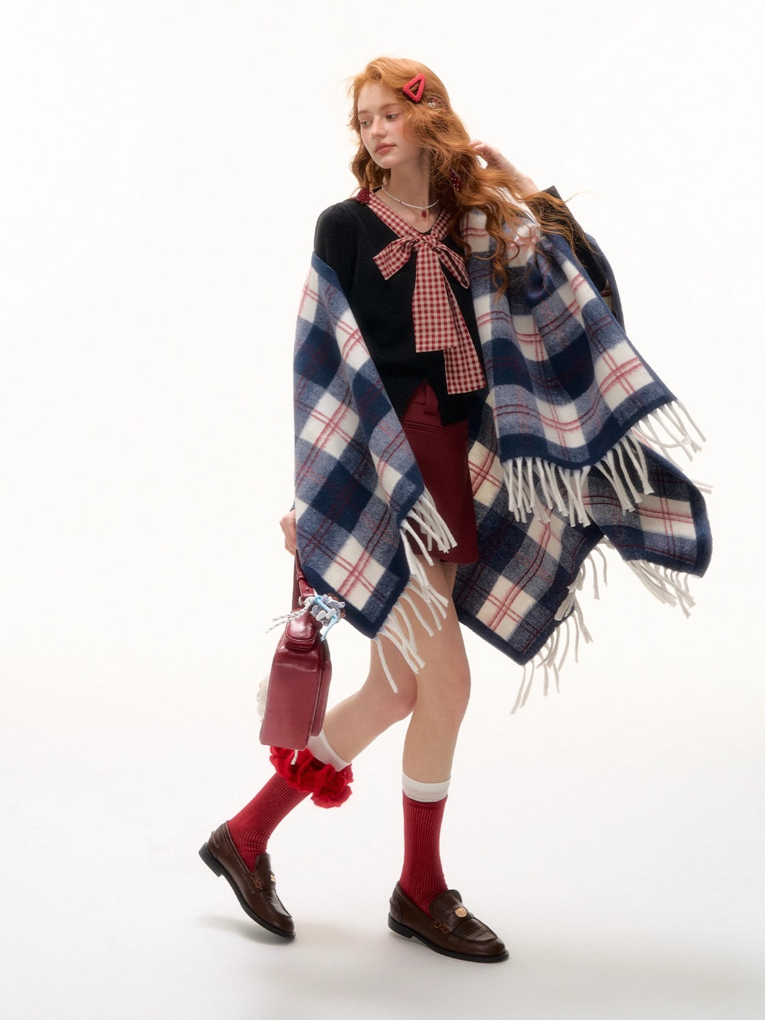 Color-Block Plaid Tassel Shawl Scarf - CHINASQUAD