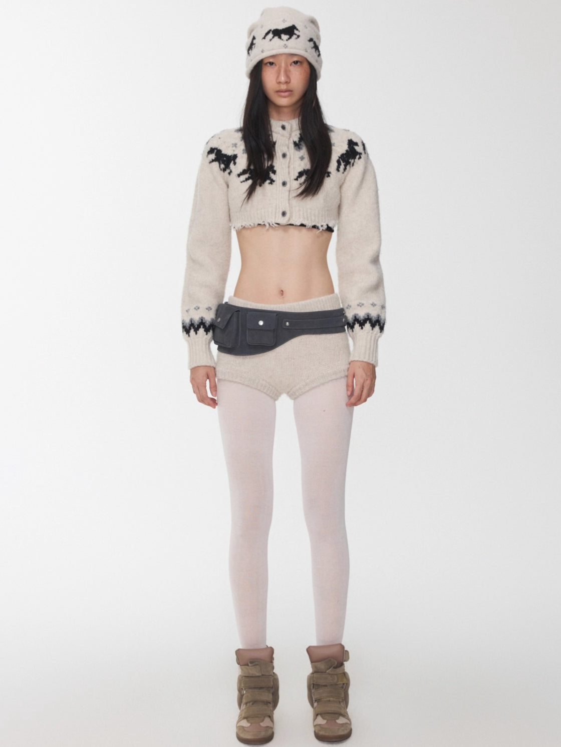 Fair Isle Pony Jacquard Knit Short Cardigan & Shorts Set