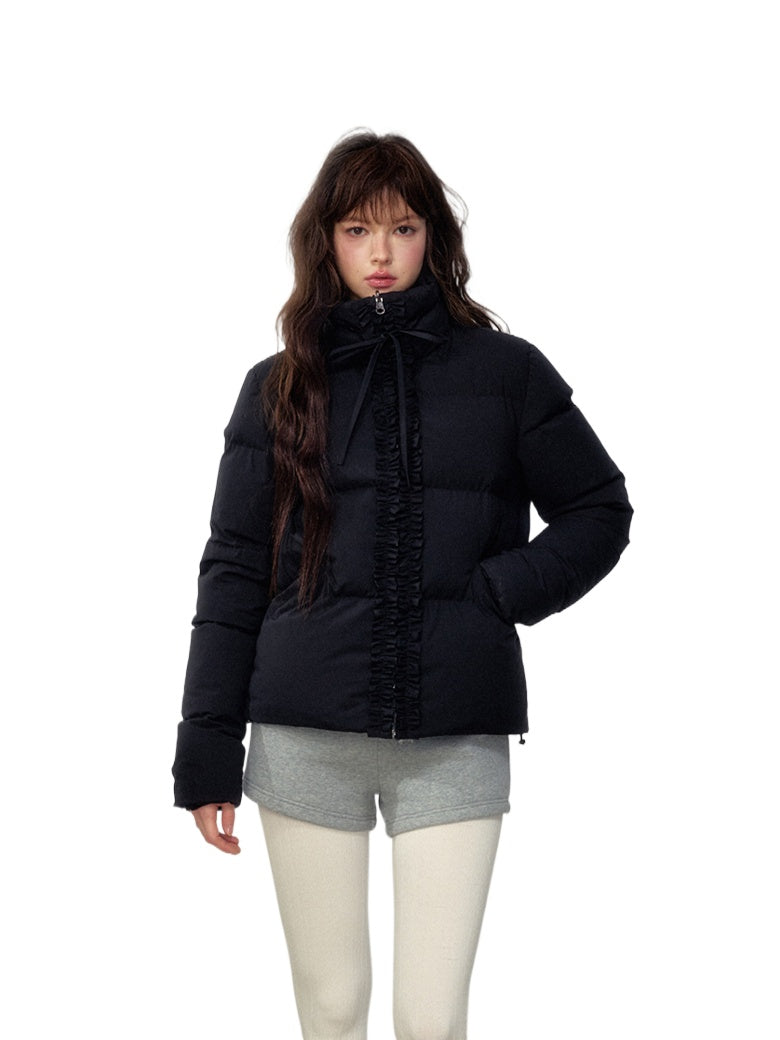 Black Ruffled Short Down Jacket - CHINASQUAD