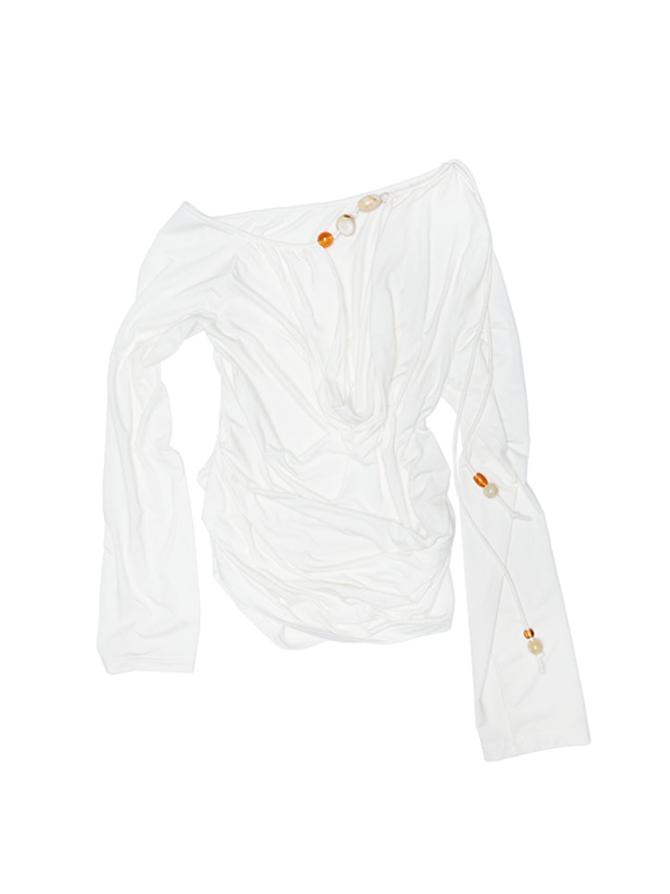 Beaded Cowl Neck Off-shoulder Long-sleeve Tunic - CHINASQUAD