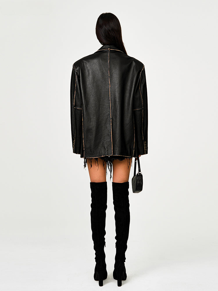 Compass Wild Distressed Leather Blazer - CHINASQUAD