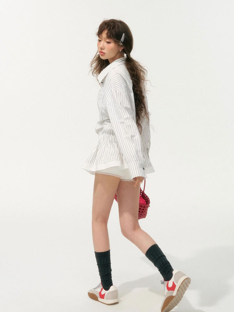 Waisted Collar Ruffle Blouse