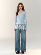 Lace-Trimmed Gray V-Neck Long Sleeve Top - CHINASQUAD