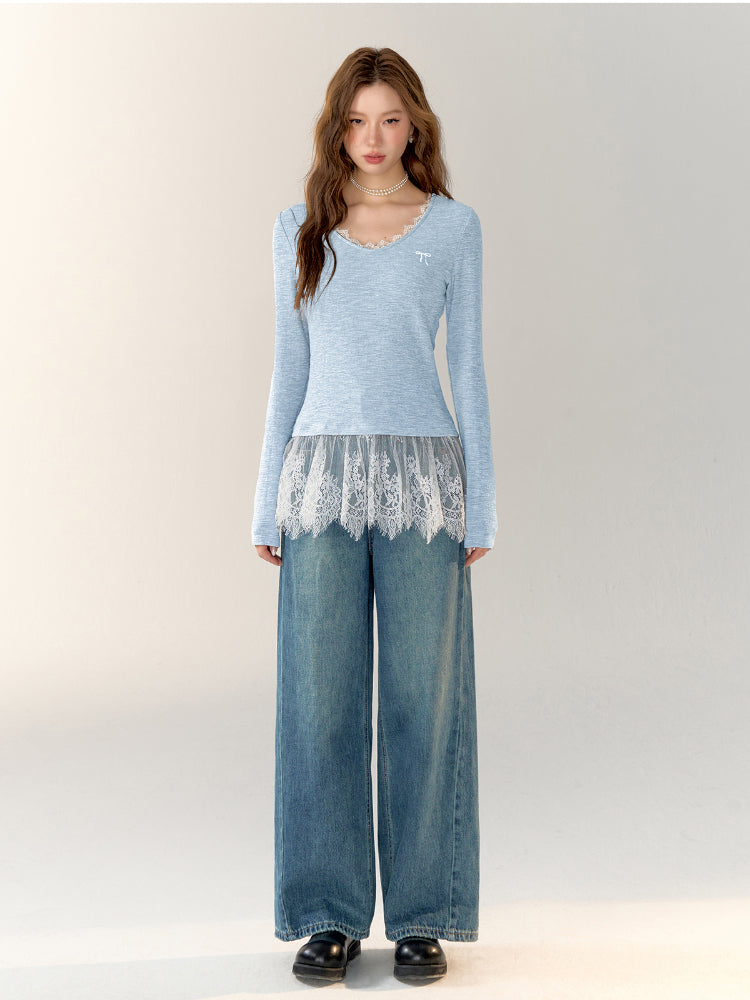 Lace-Trimmed Gray V-Neck Long Sleeve Top - CHINASQUAD
