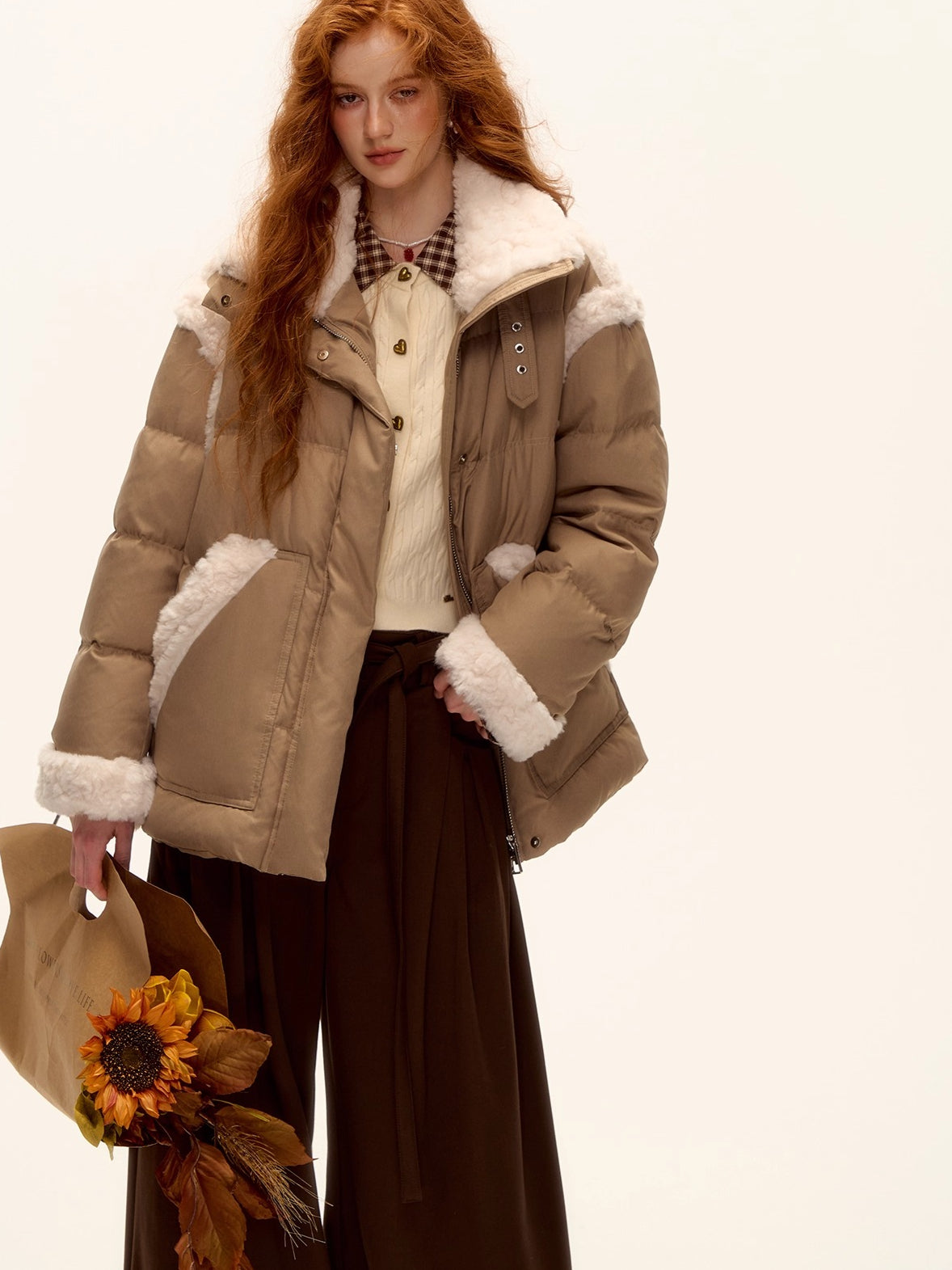 Faux Shearling Panel Down Jacket