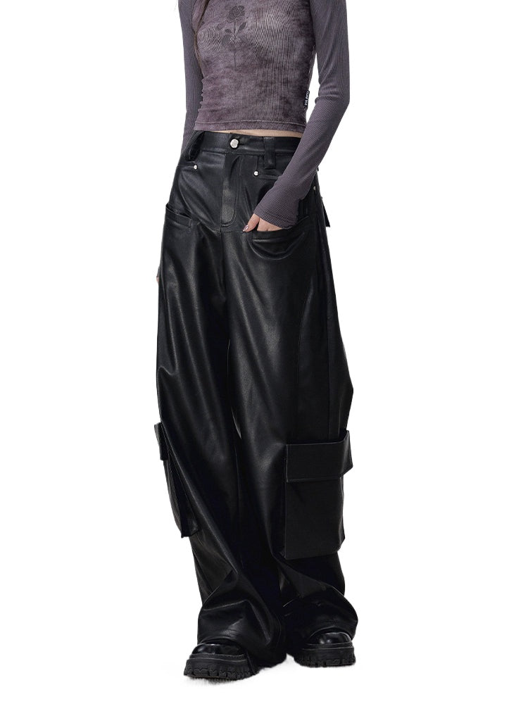 Black Rivet Straight Leather Pants - CHINASQUAD