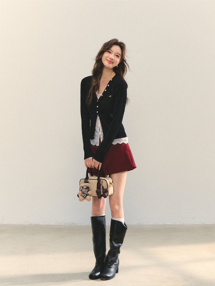 Lace Tie Fake Two-Piece Knitted Cardigan - CHINASQUAD