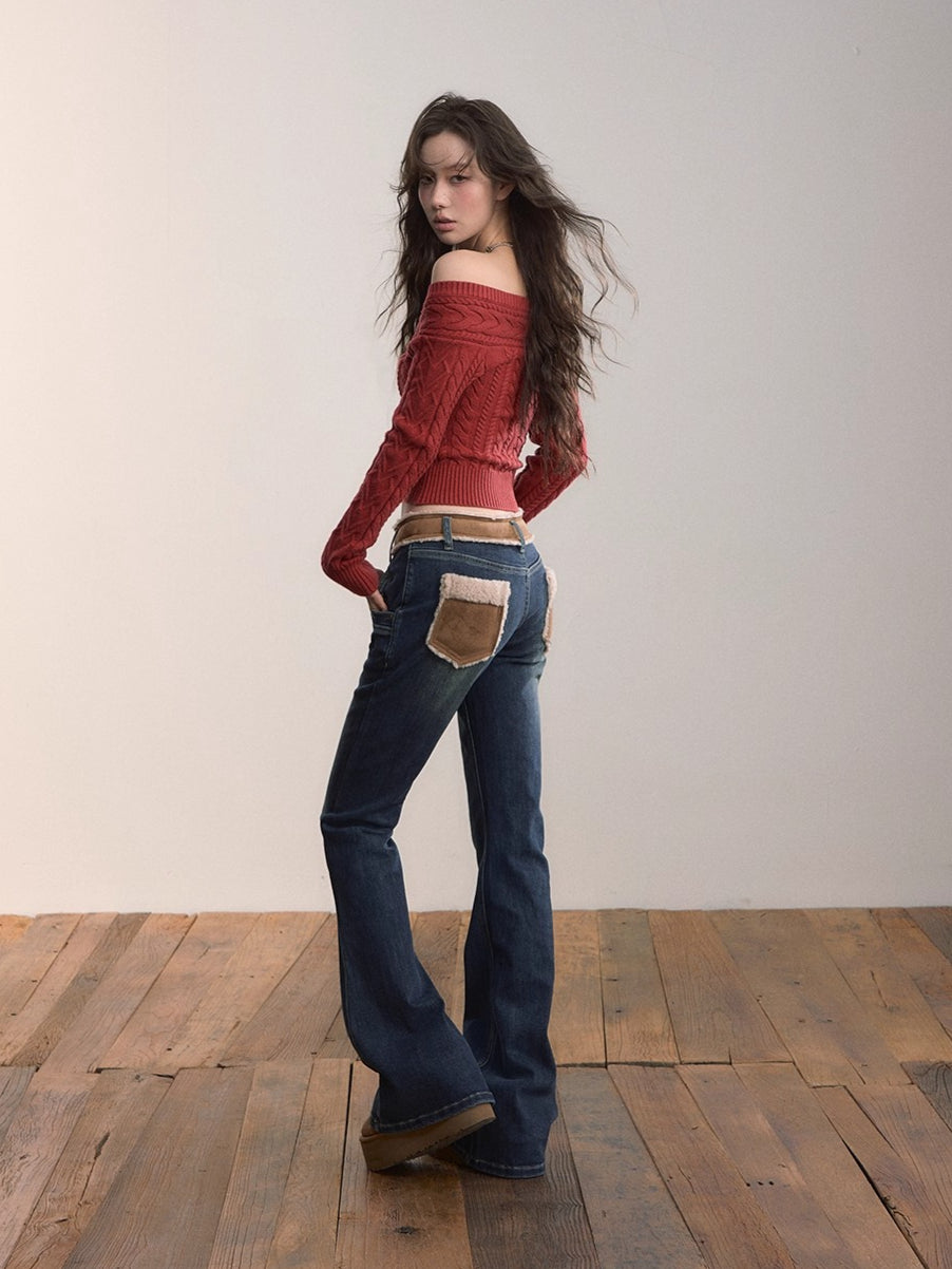 Contrast Panel Faux Fur Waist  Flare Jeans