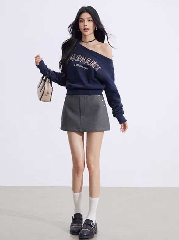 Off-Shoulder Letter-Print Cropped Sweatshirt