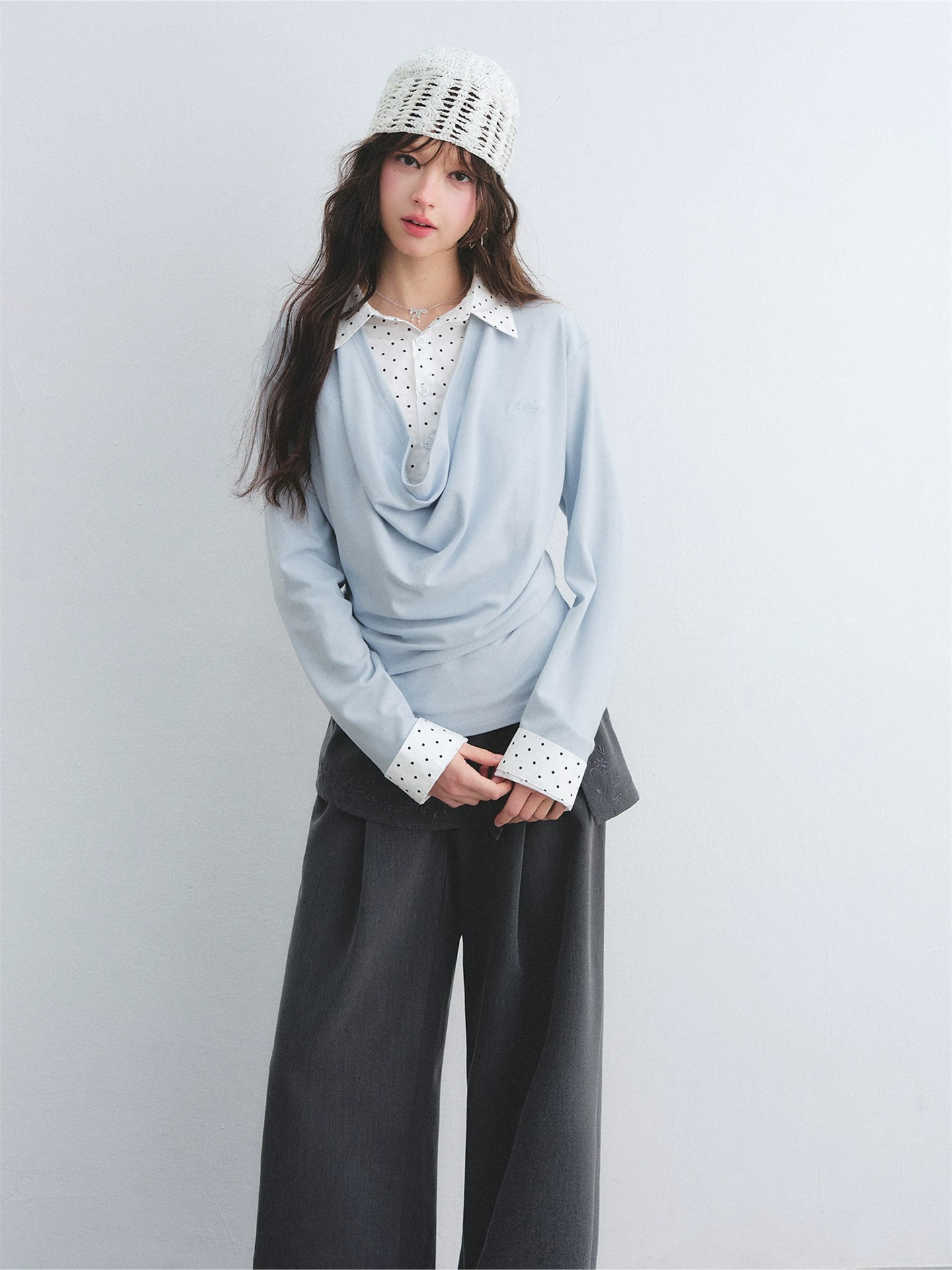 Polka Dot Shirt Panel Faux-Layer Draped Collar Top