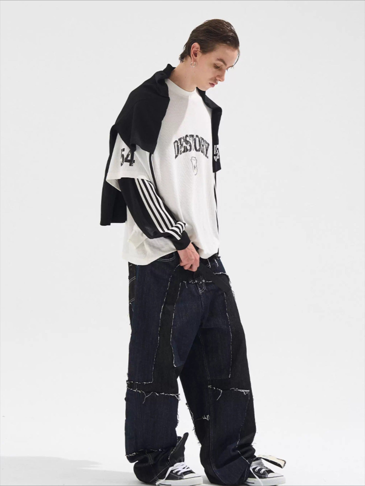 Faded Print Layered-Effect Patchwork Long Sleeve T-Shirt - CHINASQUAD