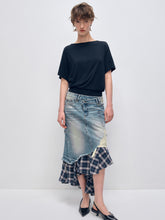 Irregular Denim Patchwork Plaid Fish Tail Skirt - CHINASQUAD
