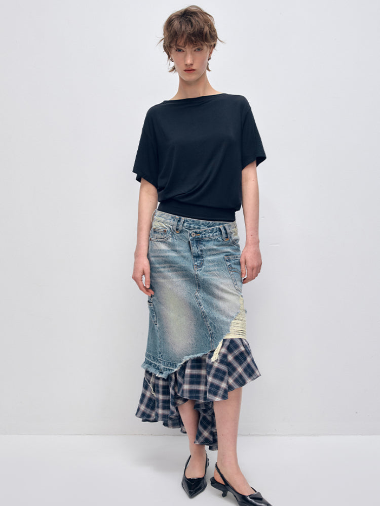 Irregular Denim Patchwork Plaid Fish Tail Skirt - CHINASQUAD