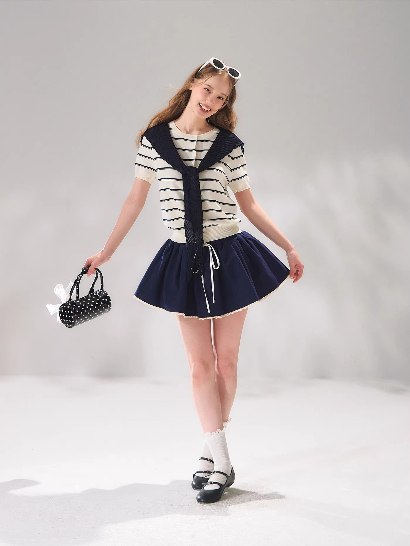 Sailor Tie-Detail Striped Knit Short Sleeve Top