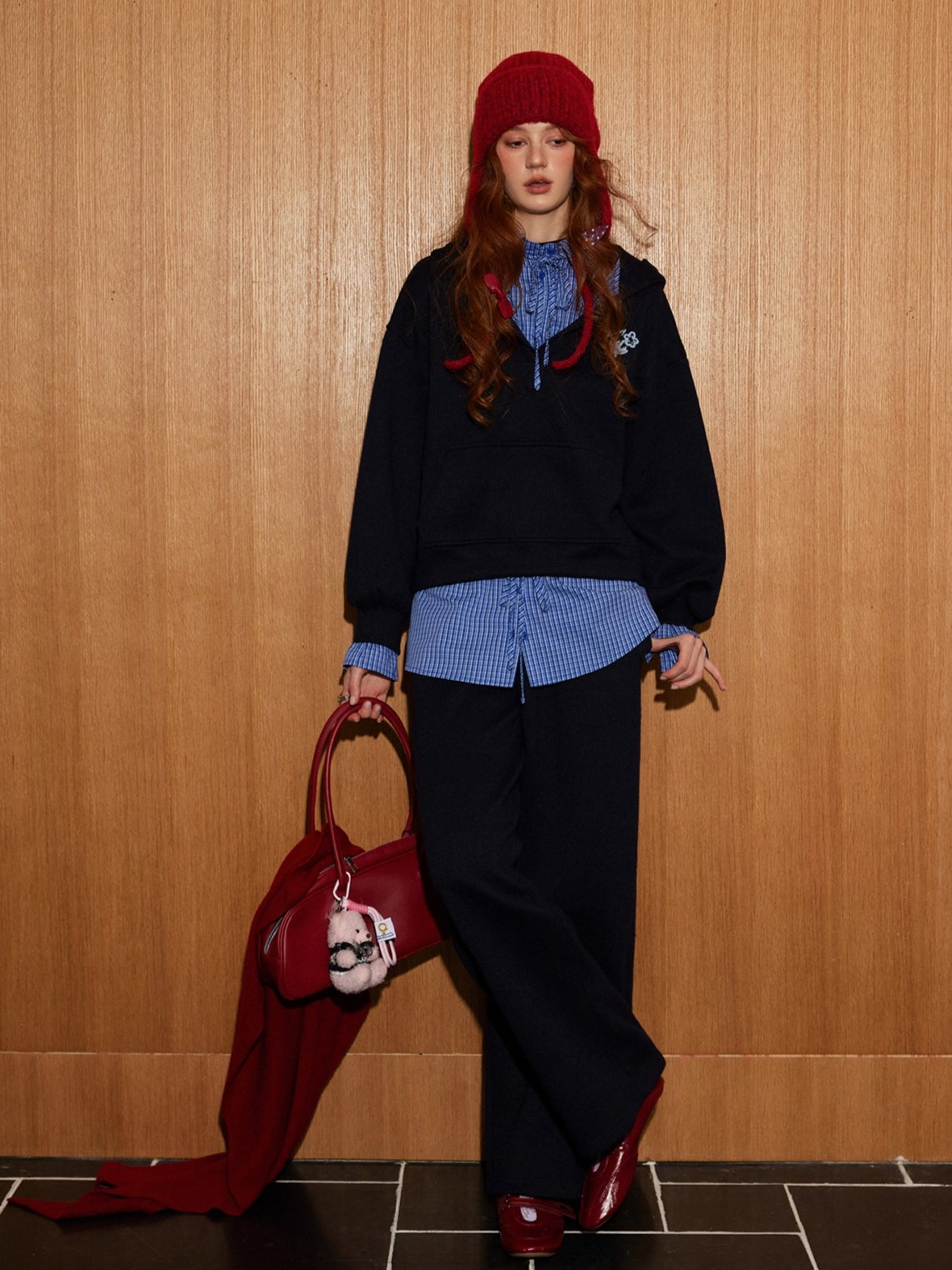 Three-Piece Set Plaid Patchwork Layered Sweatshirt & Bottom Set - CHINASQUAD