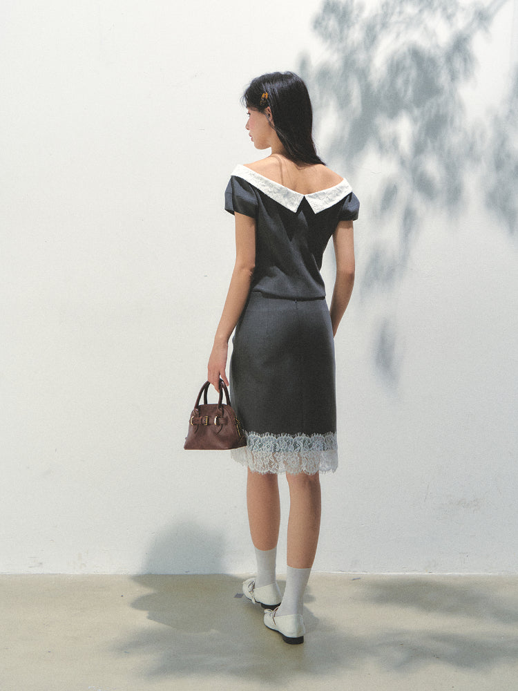 Dark Gray Princess Sleeve Top & skirt set - CHINASQUAD